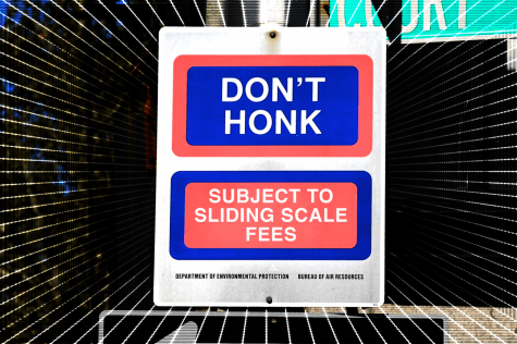 A street sign with the words Dont Honk and Subject to Sliding Scale Fees in blue and red rounded rectangles