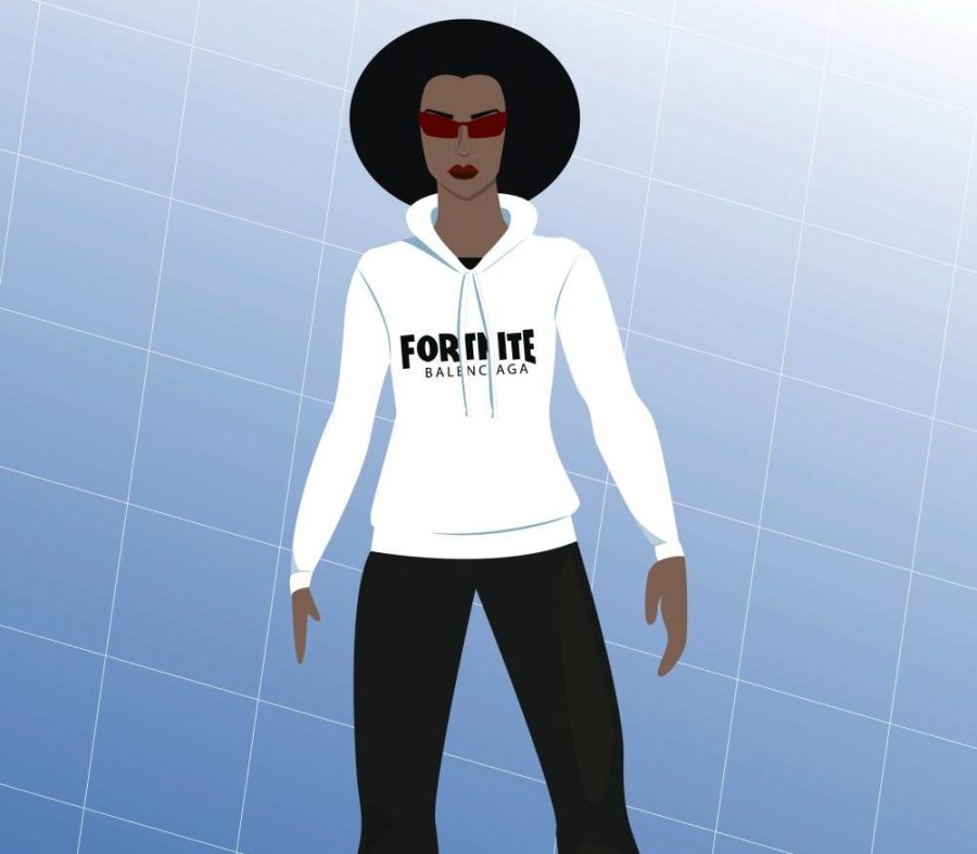 cartoon graphic of a woman wearing a Fortnite hoodie