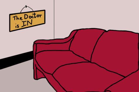 for a satire piece on psychology, drawing of a couch with a sign reading the doctor is in