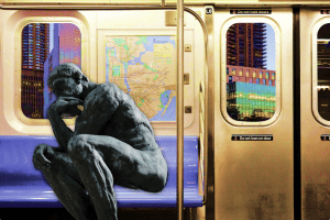 a graphic of the thinker statue on a train, representing commuters