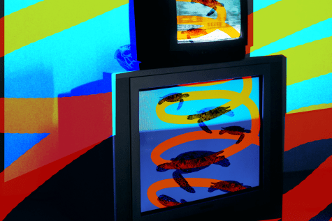 for an article on ocd, colorful image of turtles all the way down on tv screens