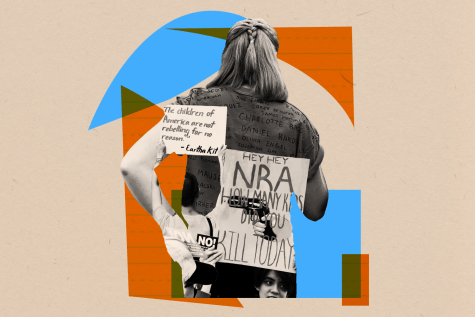 student protests school shootings with orange and blue graphics around her, sign reads how many kids have you killed today, nra?