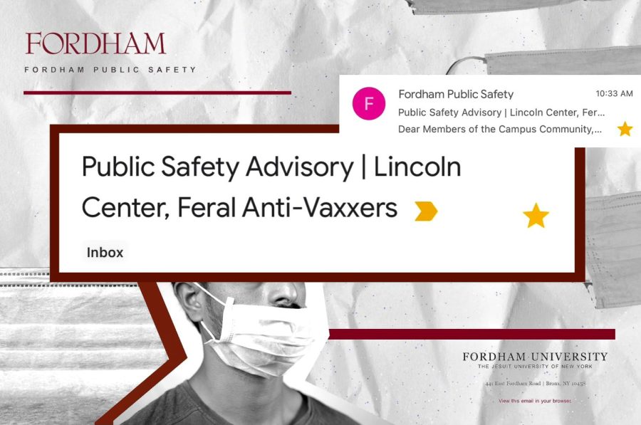 Image of an email with the words Public Safety Advisory | Lincoln Center, Feral Anti-Vaxxers