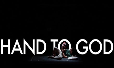 hand to god with actor holding sock puppet in front of text that reads hand to god