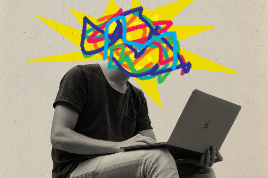 for an article about overachievers, a student typing on a computer with colorful squiggles on their head
