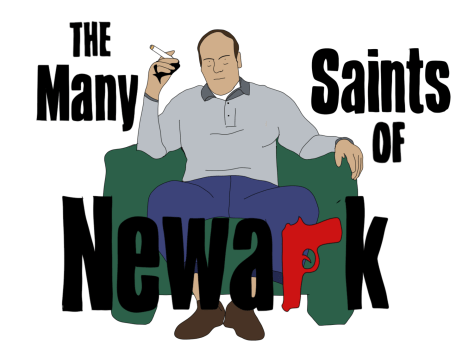 many saints of newark with a man sitting in a green chair graphic