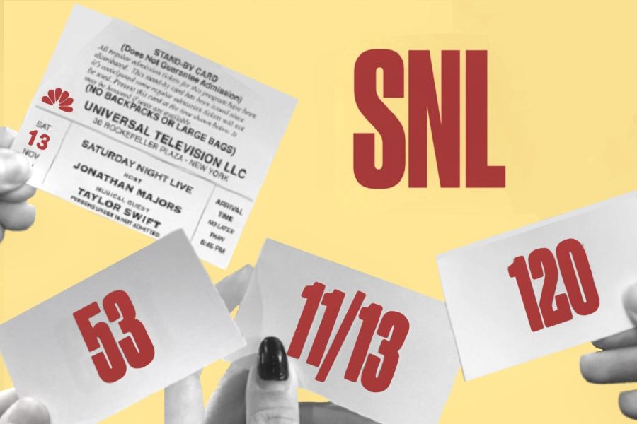 a yellow and red graphic, with tickets saying 11/13, 53, and 120, and the letters SNL in the foreground