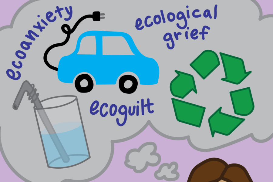 environment image with car and recycle symbol and words ecoguilt ecological grief eco anxiety