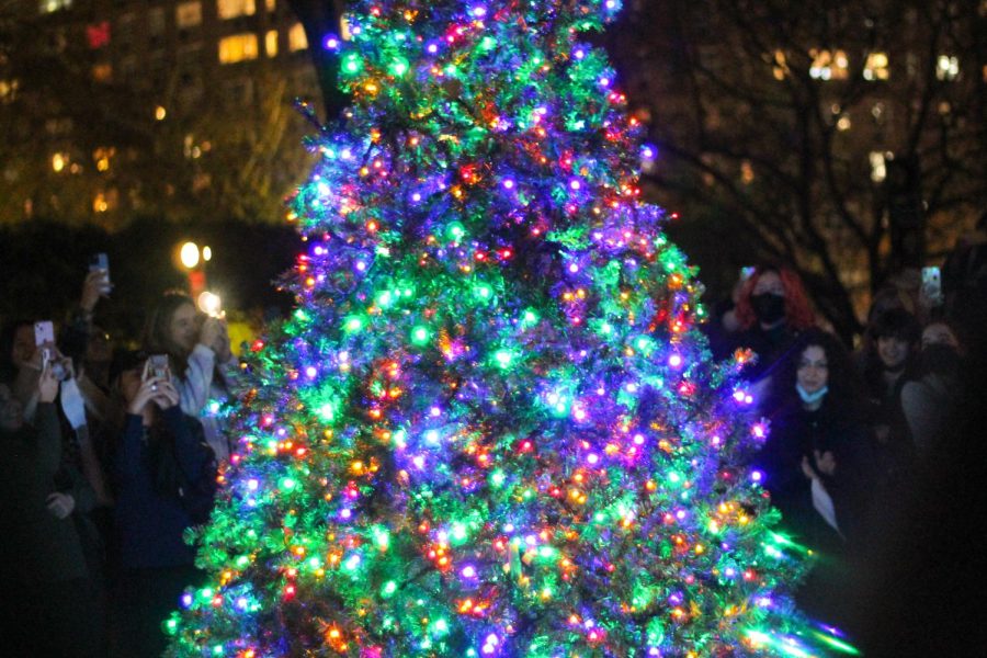 Christmas tree lit up, surrounded by people