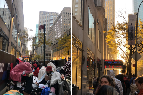 two vertical pictures side by side in the line outside of SNL/the NBC building