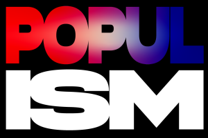 populism in graphic text with blue and red and white font