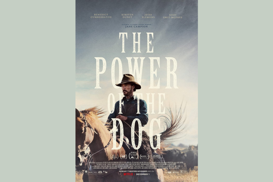 the+power+of+the+dog+movie+poster+with+text+and+a+cowboy+on+a+horse