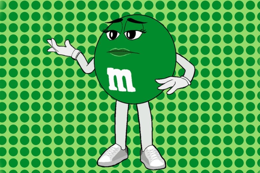the green m&m stands in her new shoes in front of a green background