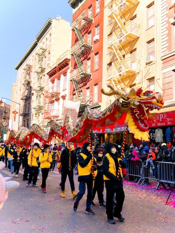 many people hold up a long dragon for lunar new year