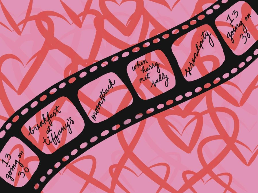 valentines day movies on a roll of film with pink background