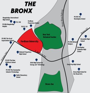 map of the bronx with different local public and charter schools labeled