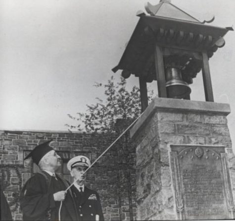President Harry Truman rings the new Victory Bell in its new home at Rose Hill