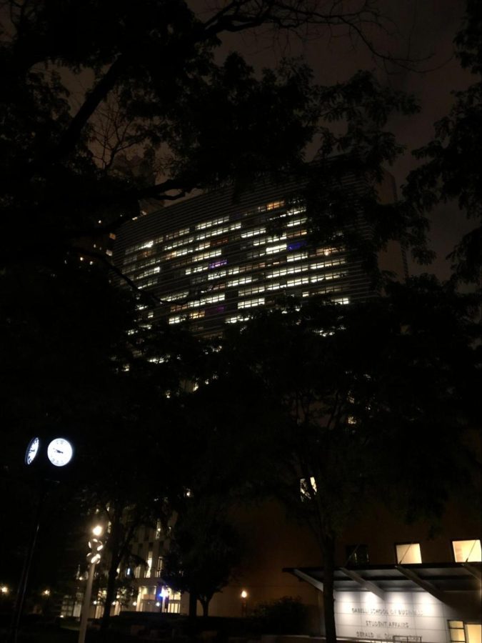 A view of McKeon Hall from the Plaza at night.