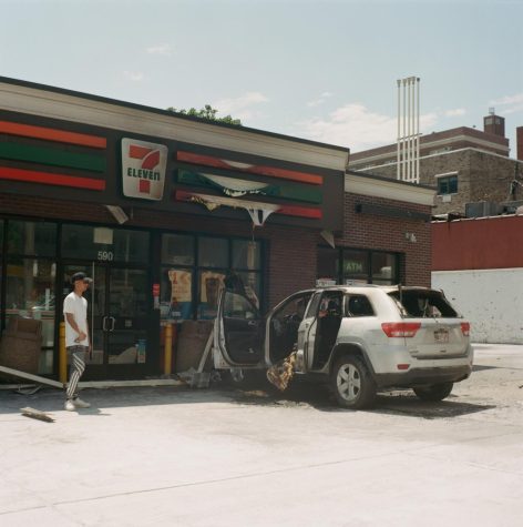 Aftermath of a car burning under the 7/11 near the Rose Hill campus.