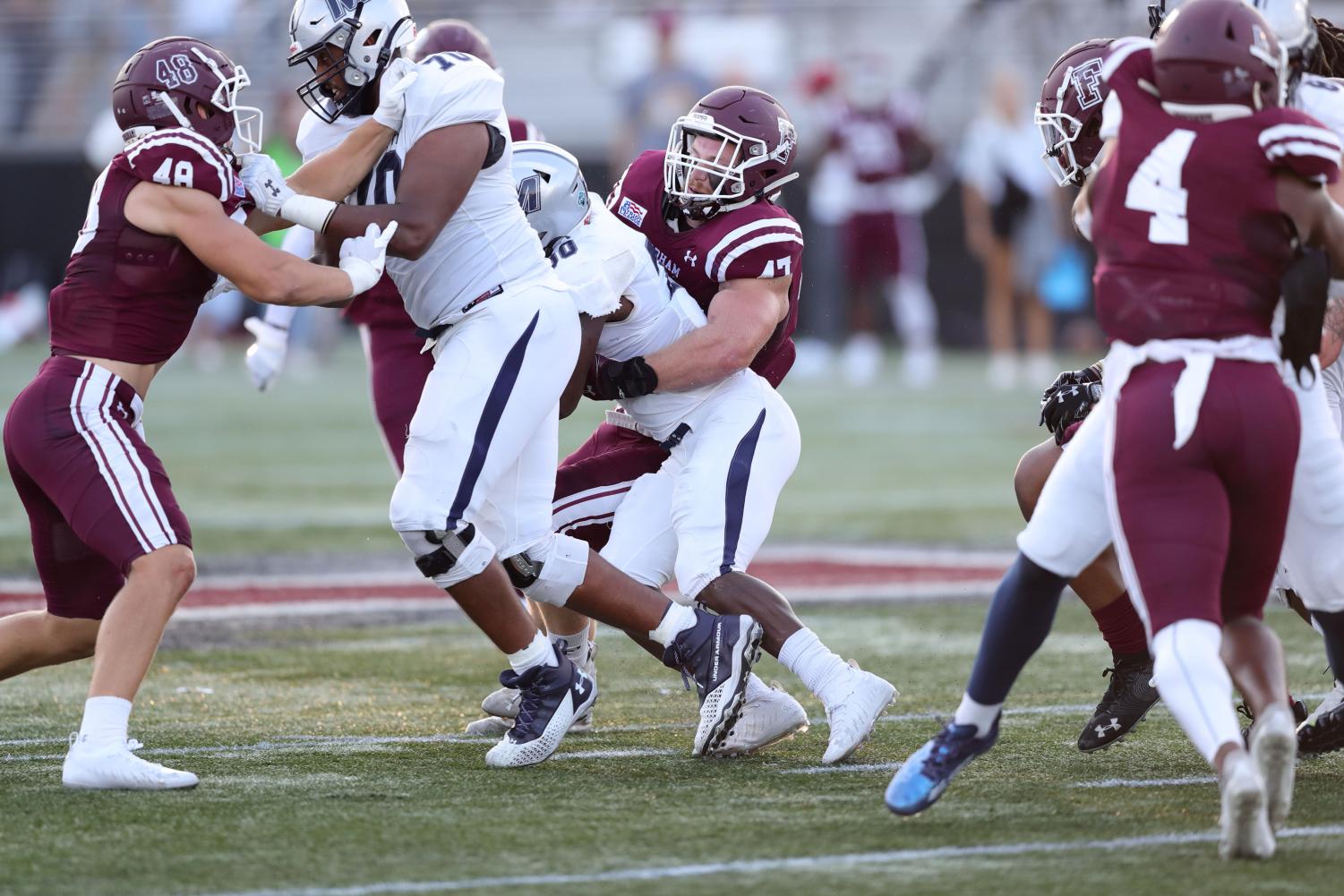 Fordham offensive lineman Nick Zakelj runs the 40-yard dash at the