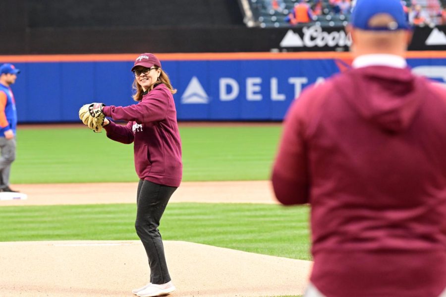Fordham+University+President+Tania+Tetlow%2C+J.D.+throwing+the+ceremonial+first+pitch+to+Athletic+Director+Ed+Kull+at+Citi+Field+on+Oct.+5.