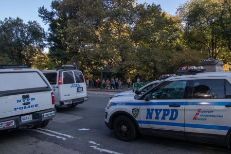 NYPD cars parked outside the Columbus Circle entrance to Central Park which had a 24% increase in crime. 