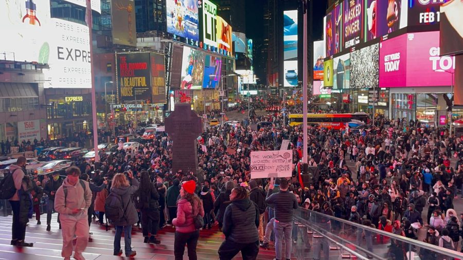 Protestors marched from Washington Square Park to Times Square at a Jan. 28 gathering in response to the death of Tyre Nichols.