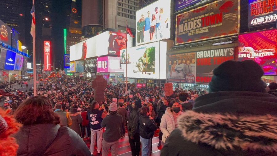 Hundreds of people crowded into Times Square on Jan. 28, listening to Black organizers and activists expressing discontent and frustration with policing systems across the U.S. 