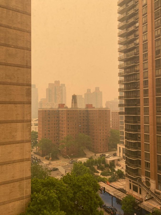 A view from McMahon Hall facing west shows the effects of the smoke and haze in the late afternoon at the Lincoln Center campus. This photo was taken at 1:36 p.m.