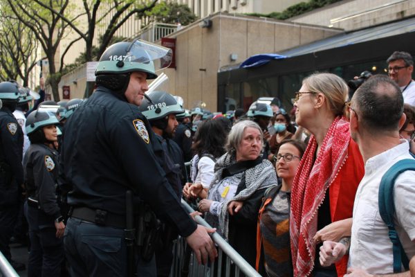 Members of the NYPD handled the growing crowd outside the Leon Lowenstein Center throughout the day of May 1.