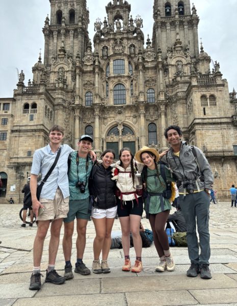 Aaron Boyd (FCRH ’25), Andrew Meeker (FCRH ’25), Sabrina Vidal (FCLC ’25), Cailin Duffy (FCRH ’24), Danielle Barber (FCRH ’25) and Hanif Amanullah (FCRH ’24) at the Cathedral of Santiago on the final day of the pilgrimage.