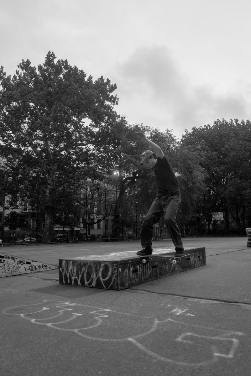 Andrew Labell, GSBLC '25, pictured skating in Tompkins Square Park.