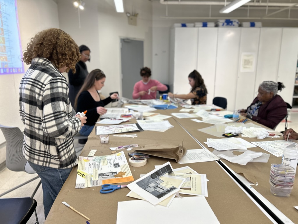 Students participate in a collage workshop, using found materials (leaves, trash from the ground, texture rubbings etc) from the Lincoln Square neighborhood.