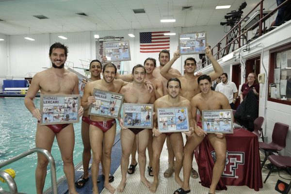 All eight senior athletes of the men’s water polo team after their final home games on Nov. 9. Each senior field player scored in the home game series.