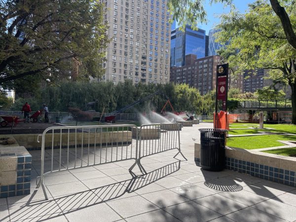 Sprinklers water Lincoln Center Plaza on Oct. 15. Fordham Campus Operations have not outlined a plan to mitigate water usage on campus.