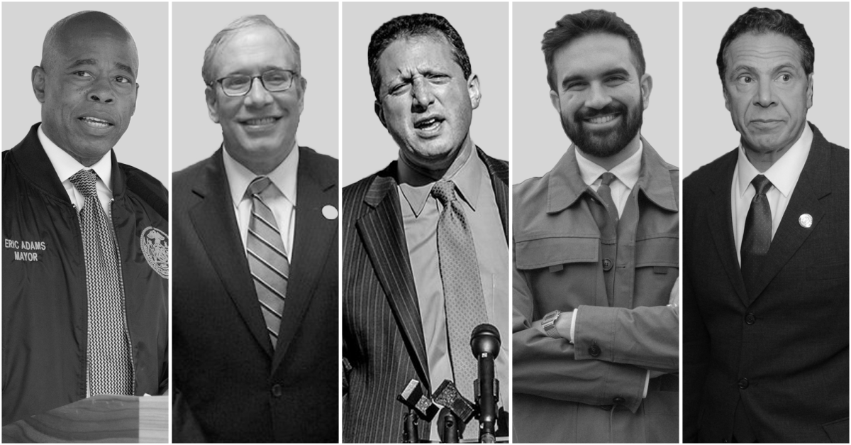 (From left to right) Mayor Eric Adams, former Comptroller Scott Stringer, Comptroller Brad Lander, Assemblymember Zohran Mamdani and former Governor Andrew Cuomo.