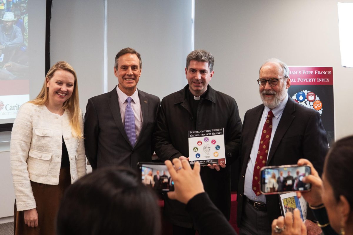 From left to right: Brianna Fitzpatrick, liaison to the United Nations; Sean Callahan, president and CEO of Catholic Relief Services; Monsignor Marco Formica, permanent observer of the Holy See to the UN; and Henry Schwalbenberg, associate professor of economics at Fordham and editor of the FFI. 