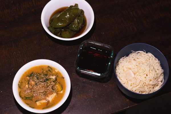 Some traditional Japanese foods: green pepper ohitashi on the top, somen noodles on the right and hiyajiru on the left. 